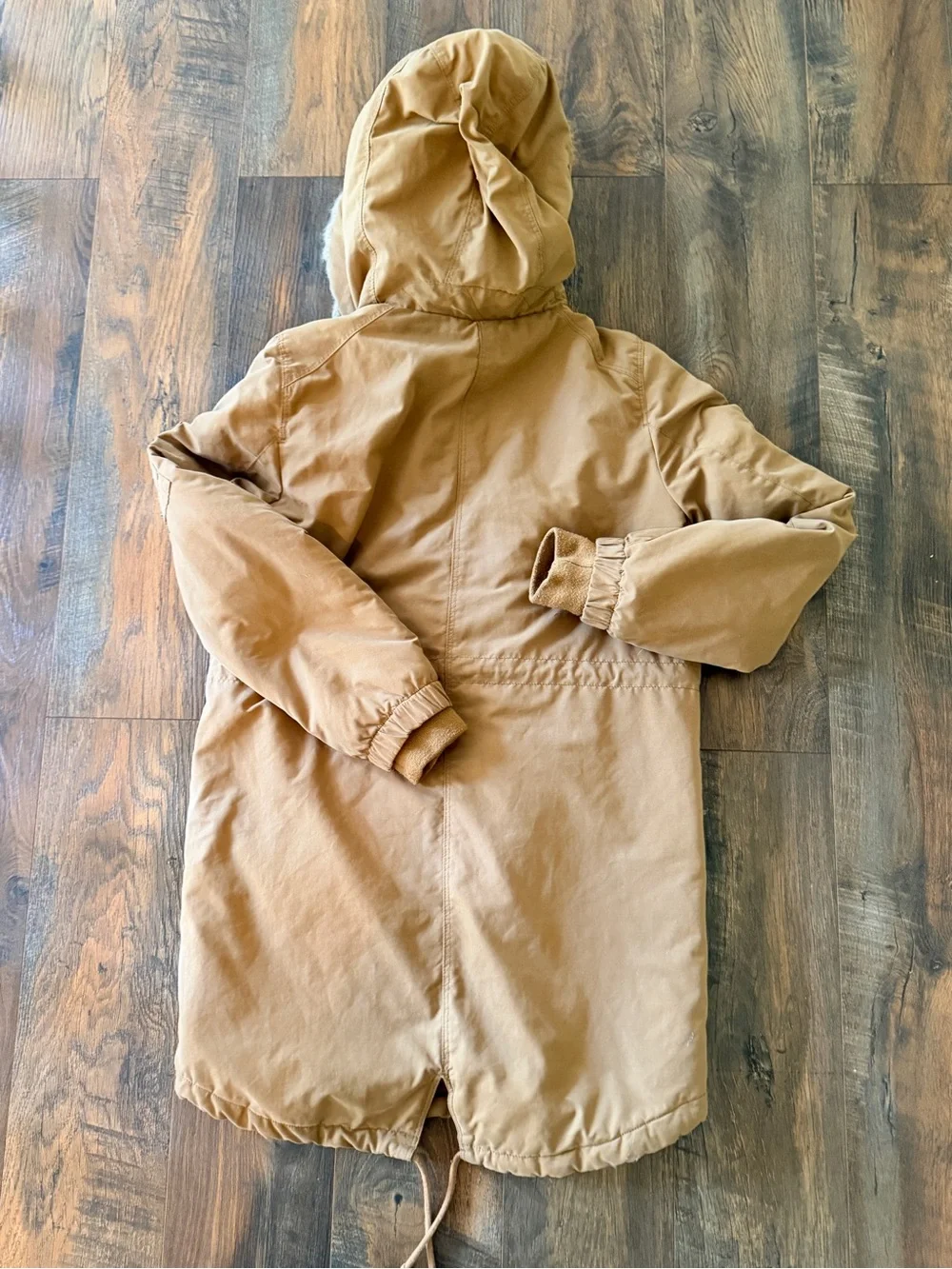 Tan Parka Coat Faux Fur-Lined Hood Winter interior quilted cozy bulky mid-length